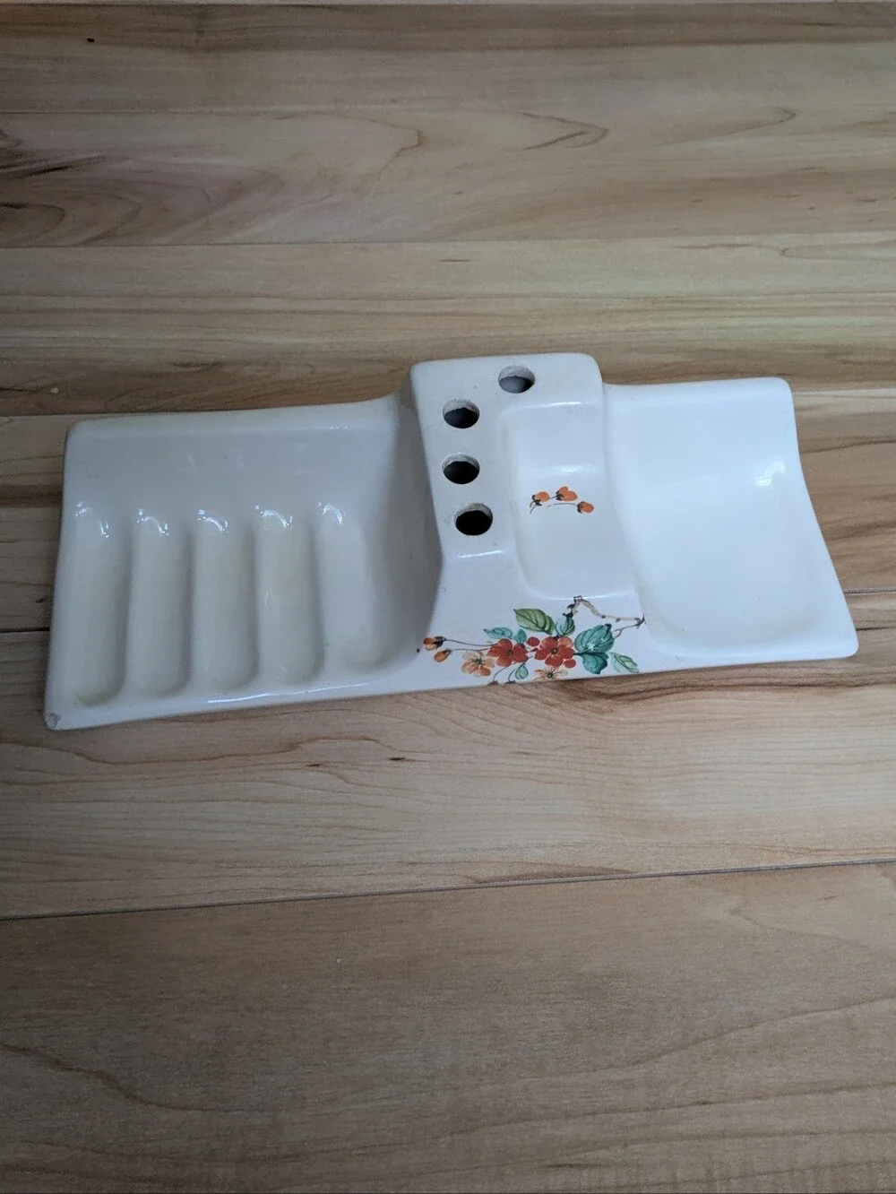 Vintrex Ceramic 1940s Soap Toothbrush Caddy Ivory Floral Rare Bath Fixture